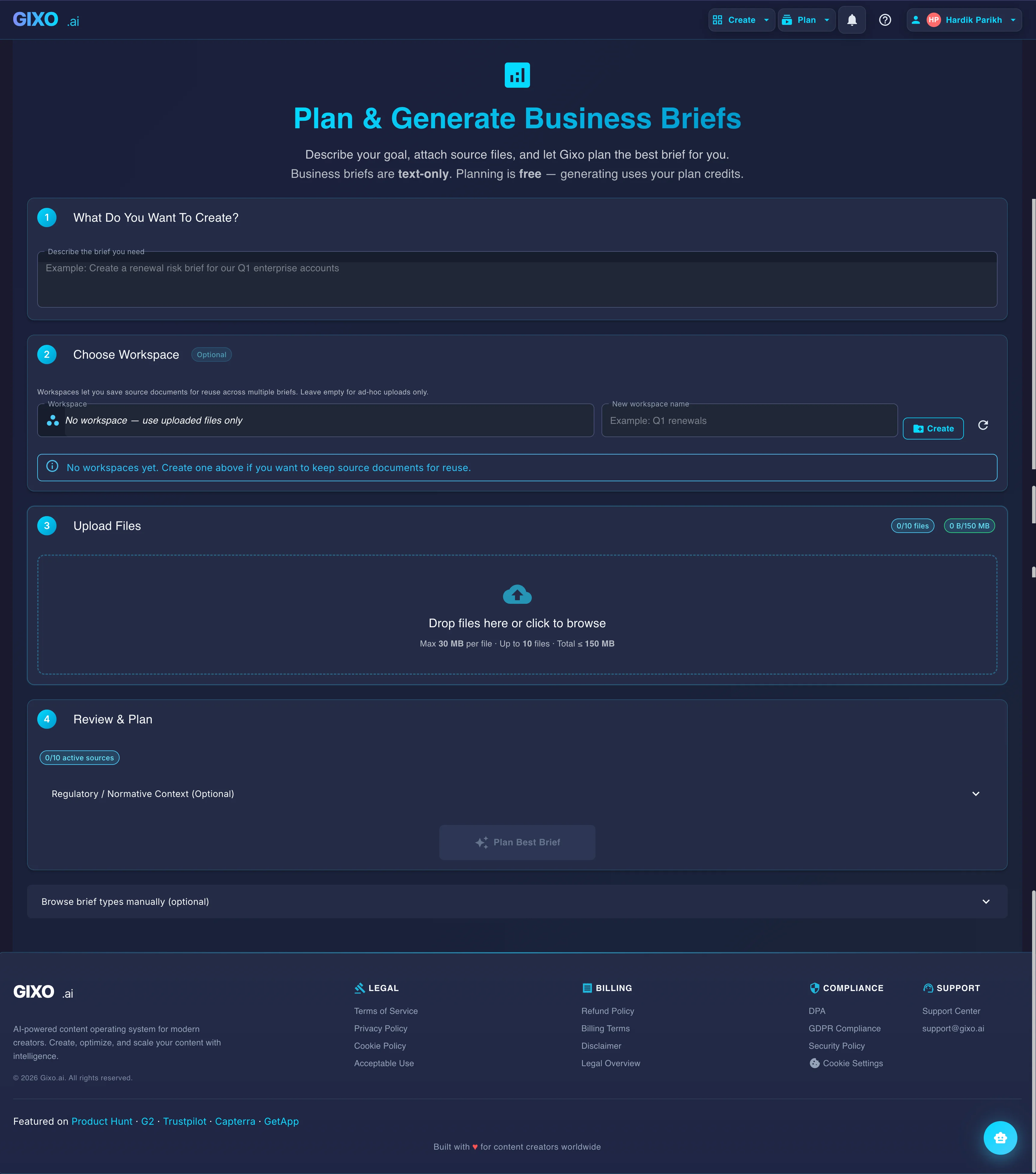 Gixo Business workspace showing uploaded source files, brief generation, and review controls