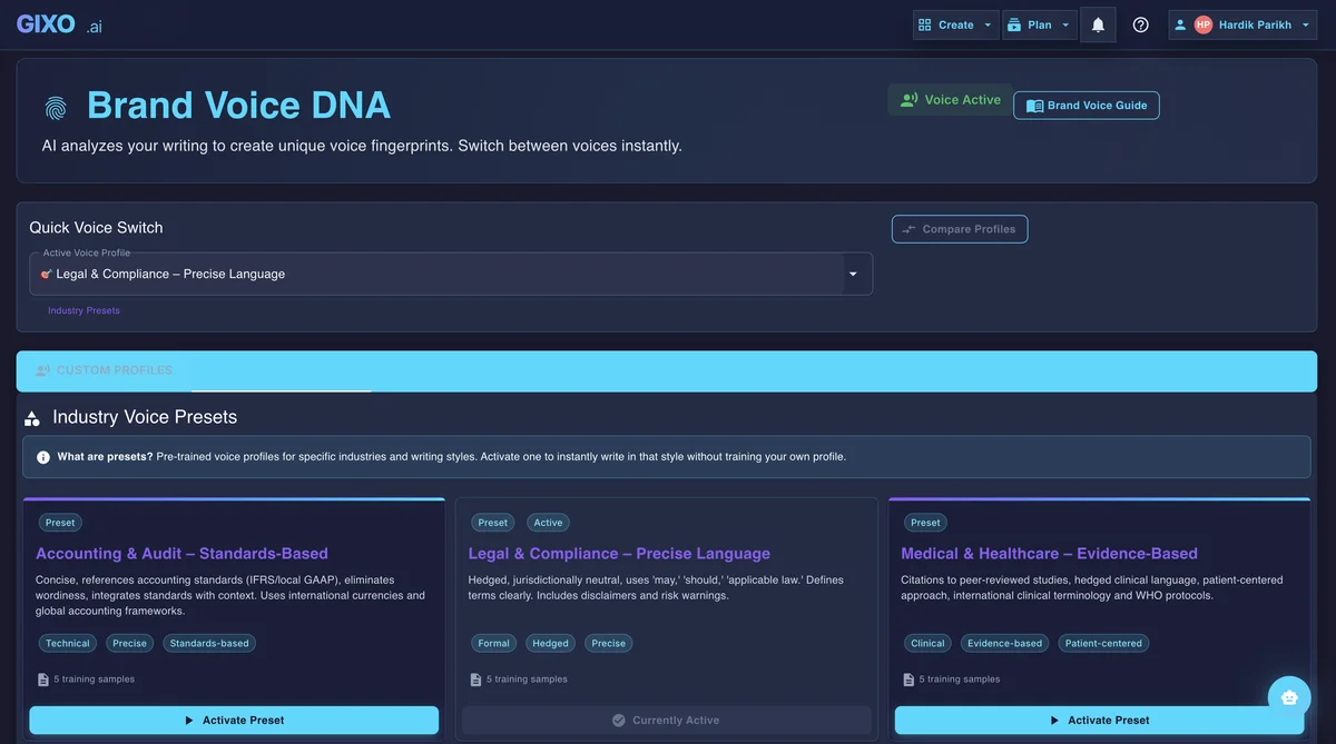 Gixo Brand Voice DNA panel with reusable voice controls and industry-aware presets