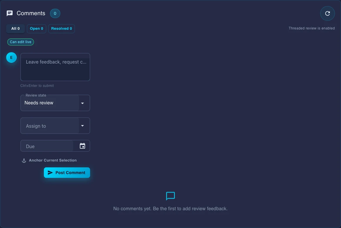 Gixo review workflow with the comment composer, review state, assignee, and due-date controls attached directly to the document