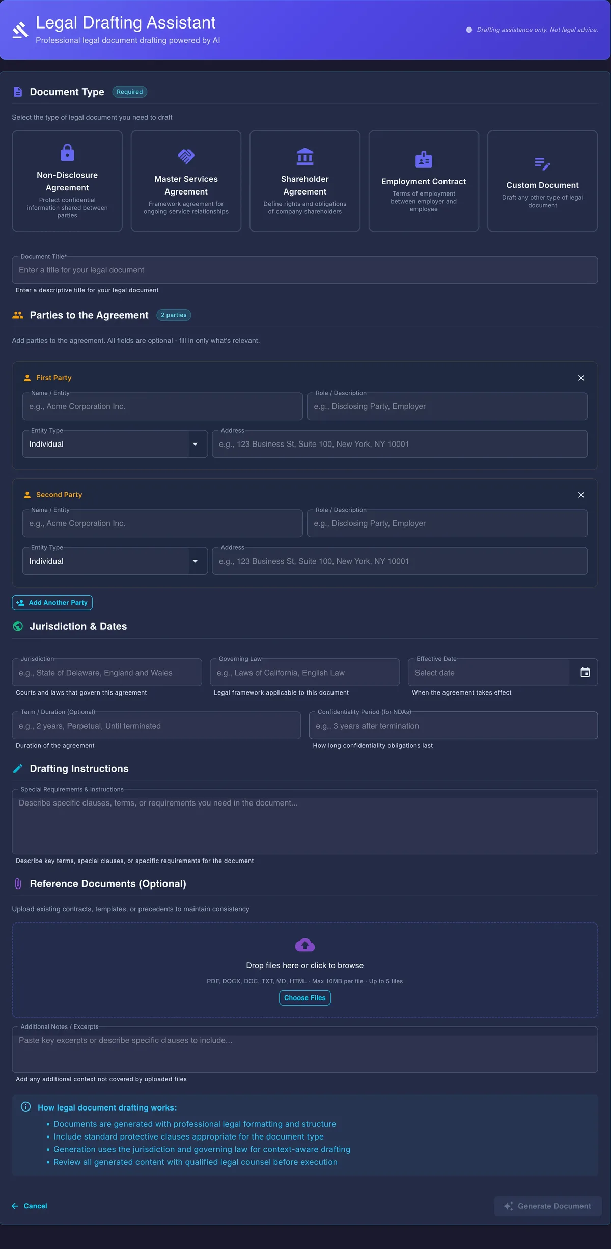 Gixo legal document drafting interface