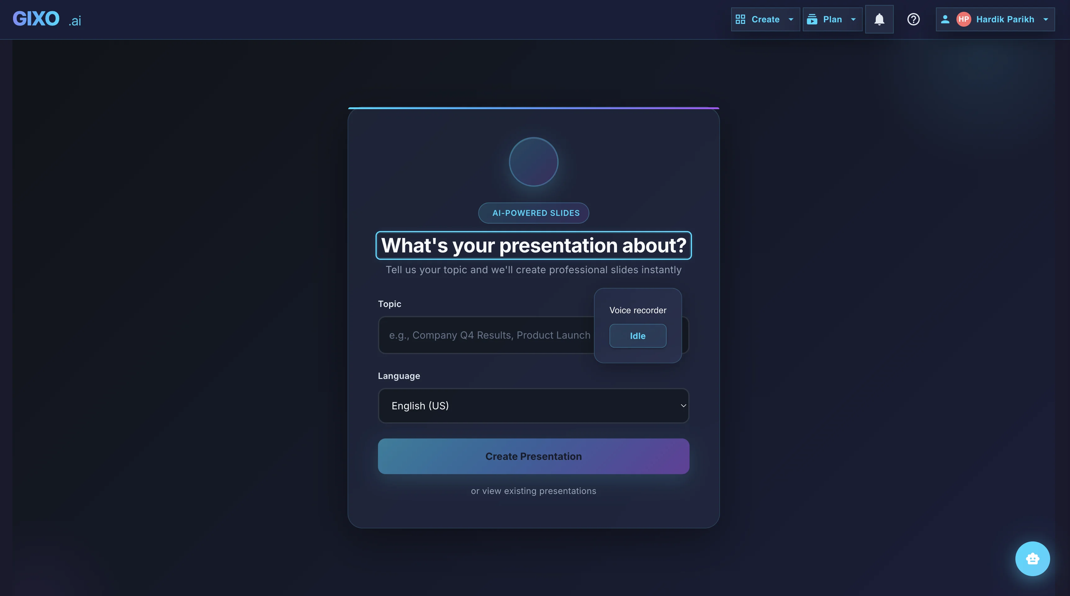 Gixo presentation creation flow with source input, workflow selection, and outline-aware deck planning