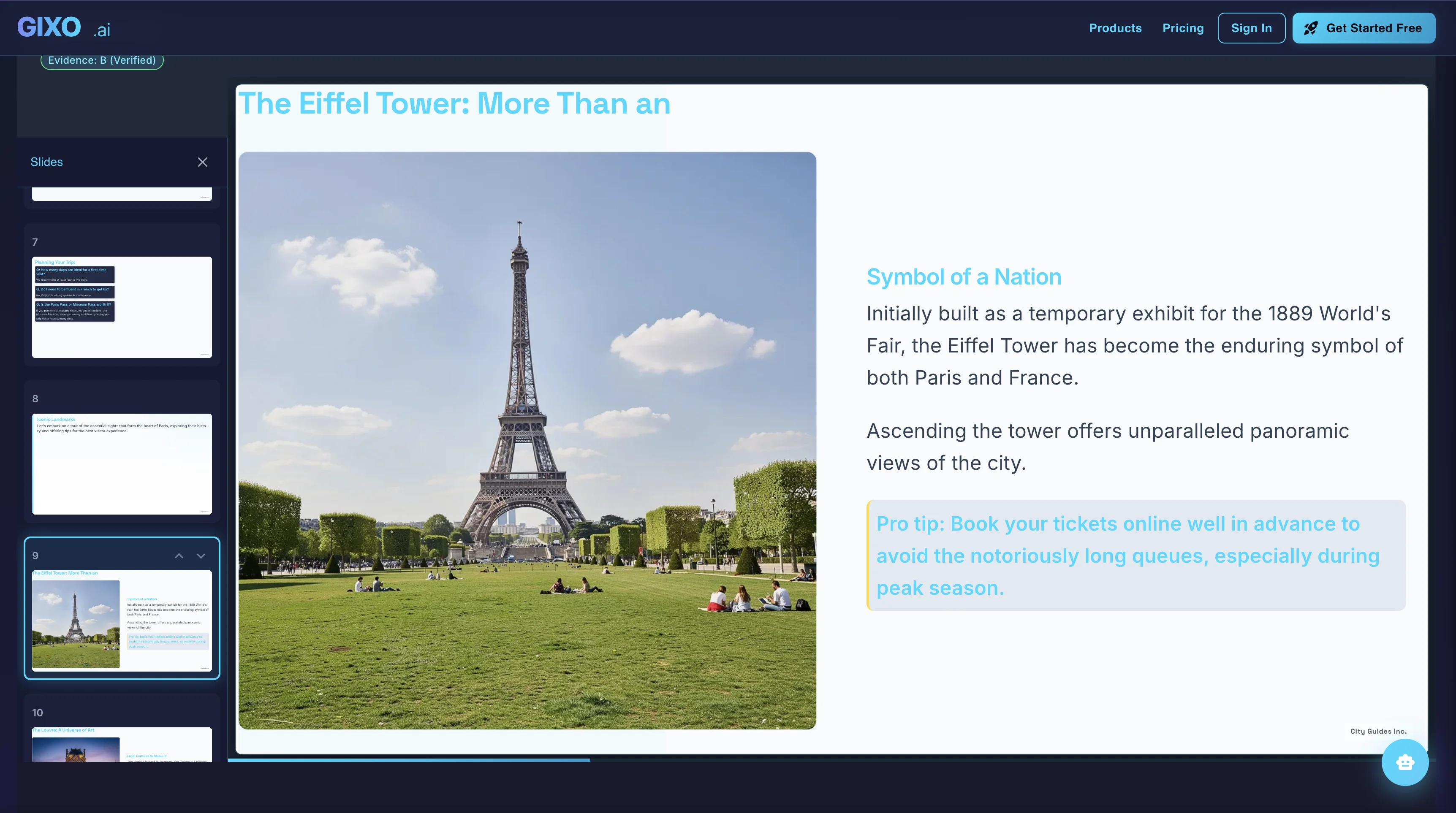 Gixo presentation viewer with presenter-ready delivery, speaker notes, and evidence-aware review controls